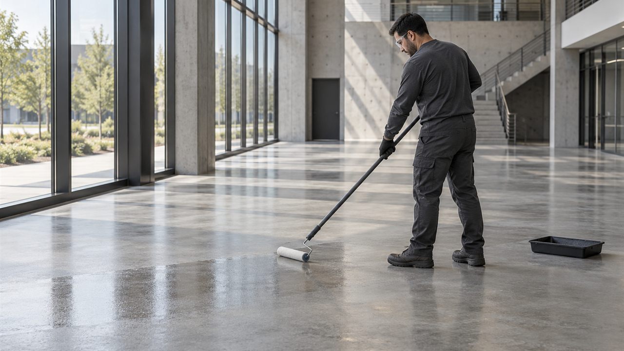 Illustration of a professional using a long-handled roller on a concrete floor in a commercial interior.