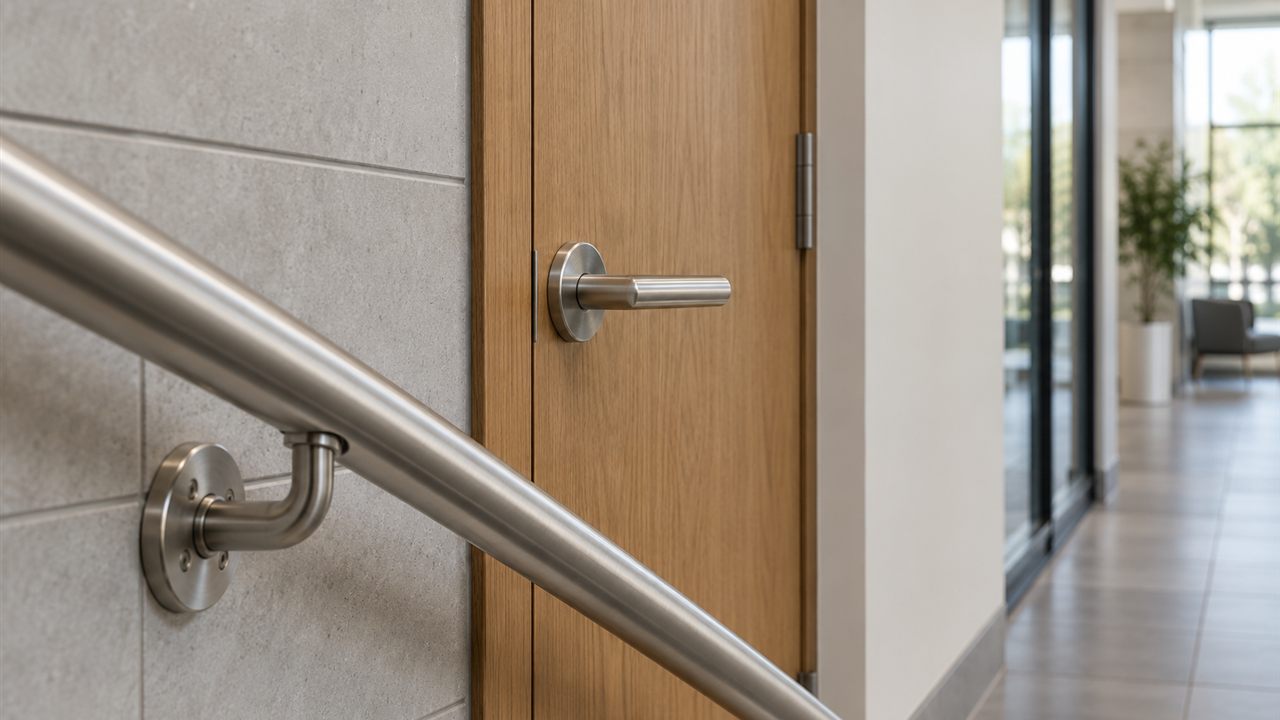 Illustrative commercial interior with a metal handrail and a lever handle on a wood door.